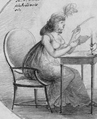 teckning av brevskrivande kvinna