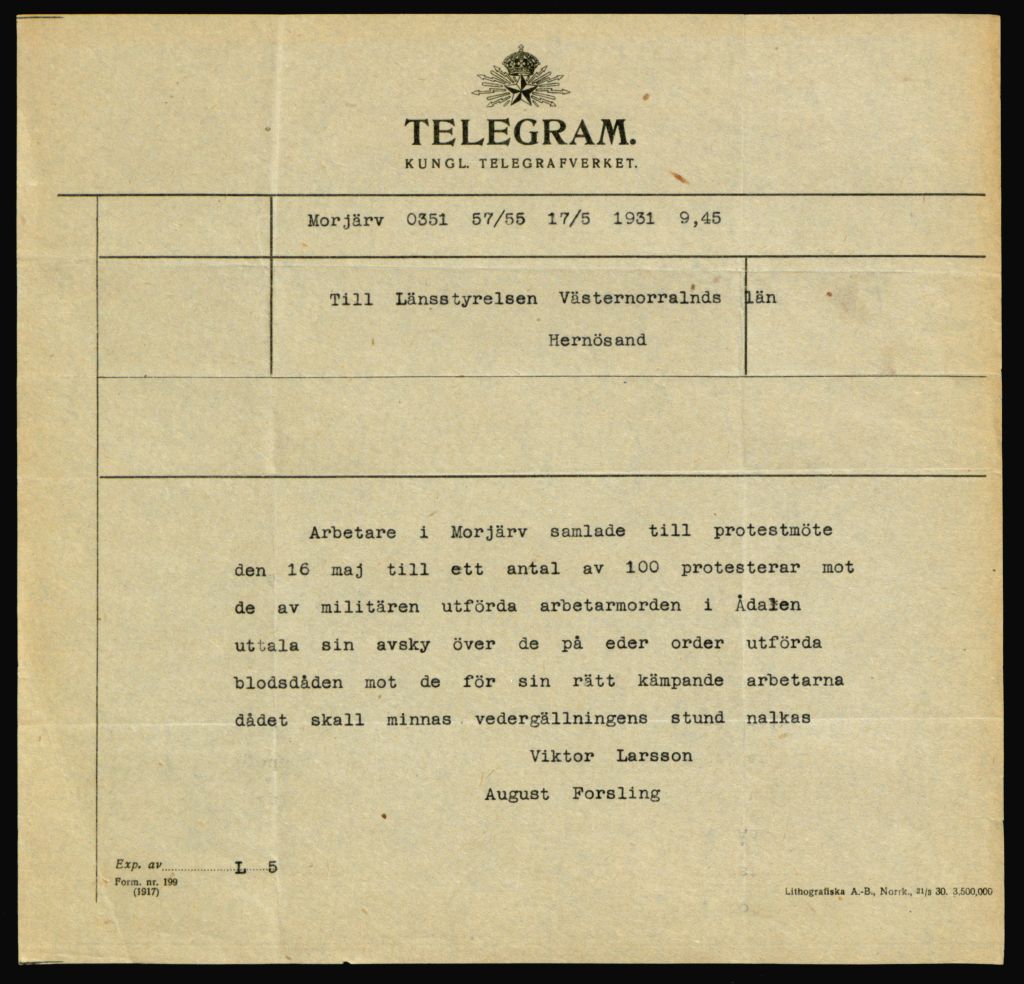 telegram efter demonstrationerna i Ådalen 1931