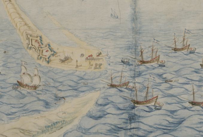 Detalj av akvarellen ovan. Segelfartyg med svenska flaggor i masttopparna.