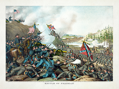 En färglitografi föreställande ett slagfält där sydstats- och nordstatsarméerna slåss.