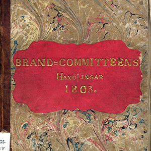 Ett bokomslag med titeln Brandcommitténs handlingar 1803