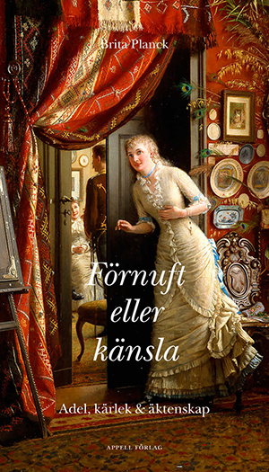 Ett bokomslag med en målning där en kvinna i högborgerlig 1800-talsmiljö står och lyssnar vid en dörr.