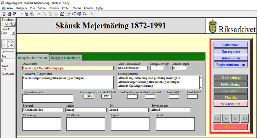 En databasvy från 'Skånsk Mejerinäring 1872–1991' som visar information om Allewads Nya Mejeriförening, inklusive verksamhetsperiod och geografisk information