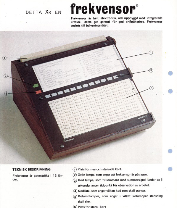 Bild på en 'Frekvensor', en elektronisk enhet för tidmätning och registrering av arbetsmoment med teknisk beskrivning