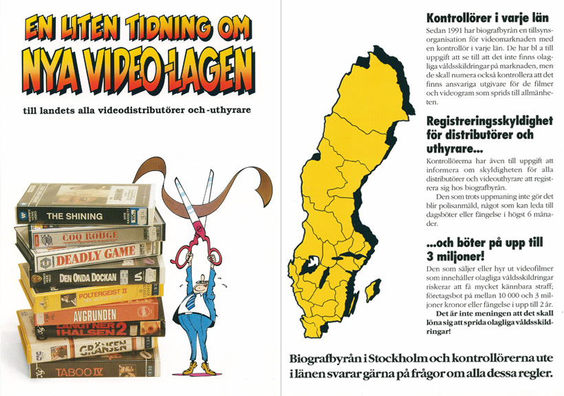 Framsida och insida av en broschyr med rubriken 'En liten tidning om nya video-lagen', visar VHS-kassetter och en karta över Sverige