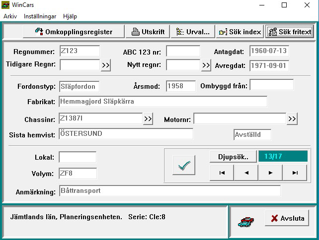 En skärmavbild från programmet WinCars som visar information om ett fordon, inklusive registernummer, fordontyp och historik