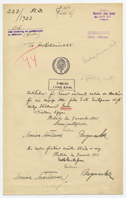Bild på Greta Gustafssons (Garbo) ansökan om namnbyte, ingår i Justitiedepartementets huvudarkiv, konseljakt nr 44, den 21 december 1923