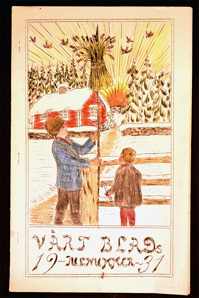 En teckning av två personer och en julkärve, framsidan till en hemmagjord jultidning