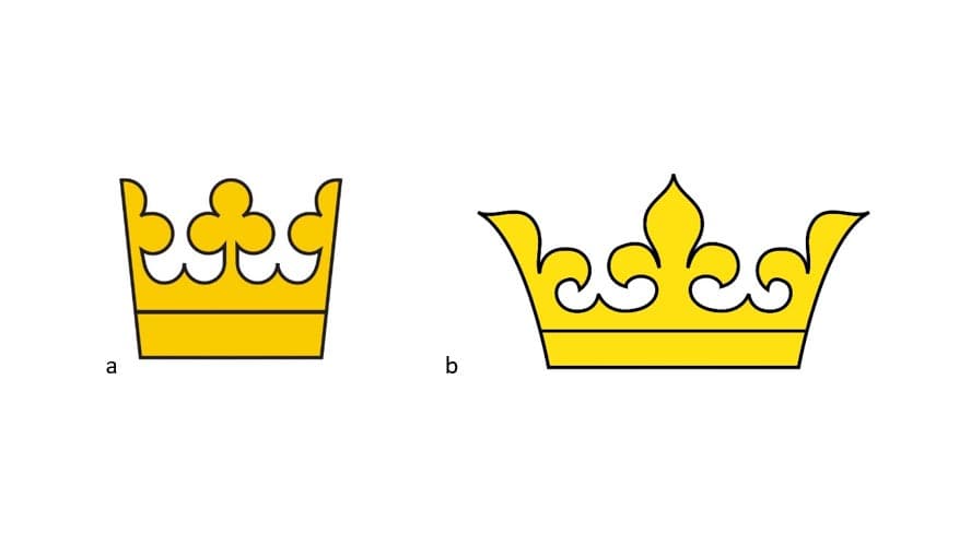 Bild som visar två stiliserade kron-symboler i gult. Krona 'a' till vänster har en smalare, mer upprätt design med fylliga klöverformade spetsar och en rak bas. Krona 'b' till höger har en bredare form med rundade spetsar som böjer sig utåt och en mer utsvängd bas. Båda kronorna är avbildade med svarta konturer mot en vit bakgrund.