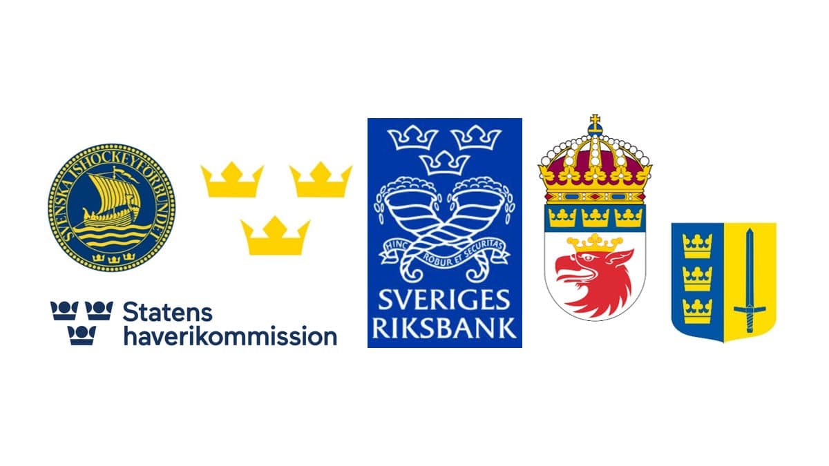 En samling svenska logotyper och symboler som innehåller motivet 'Tre Kronor'. Från vänster till höger: Svenska Ishockeyförbundets runda emblem med ett vikingaskepp, Tre Kronor-symbolen i gult, Sveriges Riksbanks blå logotyp med tre kronor ovanför två korslagda nycklar, Statens haverikommissions logotyp med tre kronor i mörkblått, ett vapensköldliknande emblem med tre kronor över ett rött griphuvud, och en gul-blå sköld med tre kronor på vänster sida och ett svärd på höger sida.