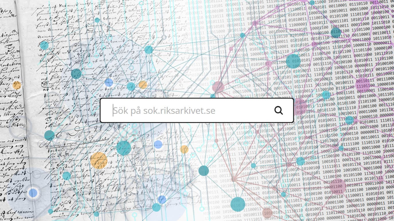 Illustration med överlappande element som handskriven text, binär kod och ett nätverk av färgade punkter och linjer. I centrum visas en sökruta med texten "Sök på sok.riksarkivet.se".