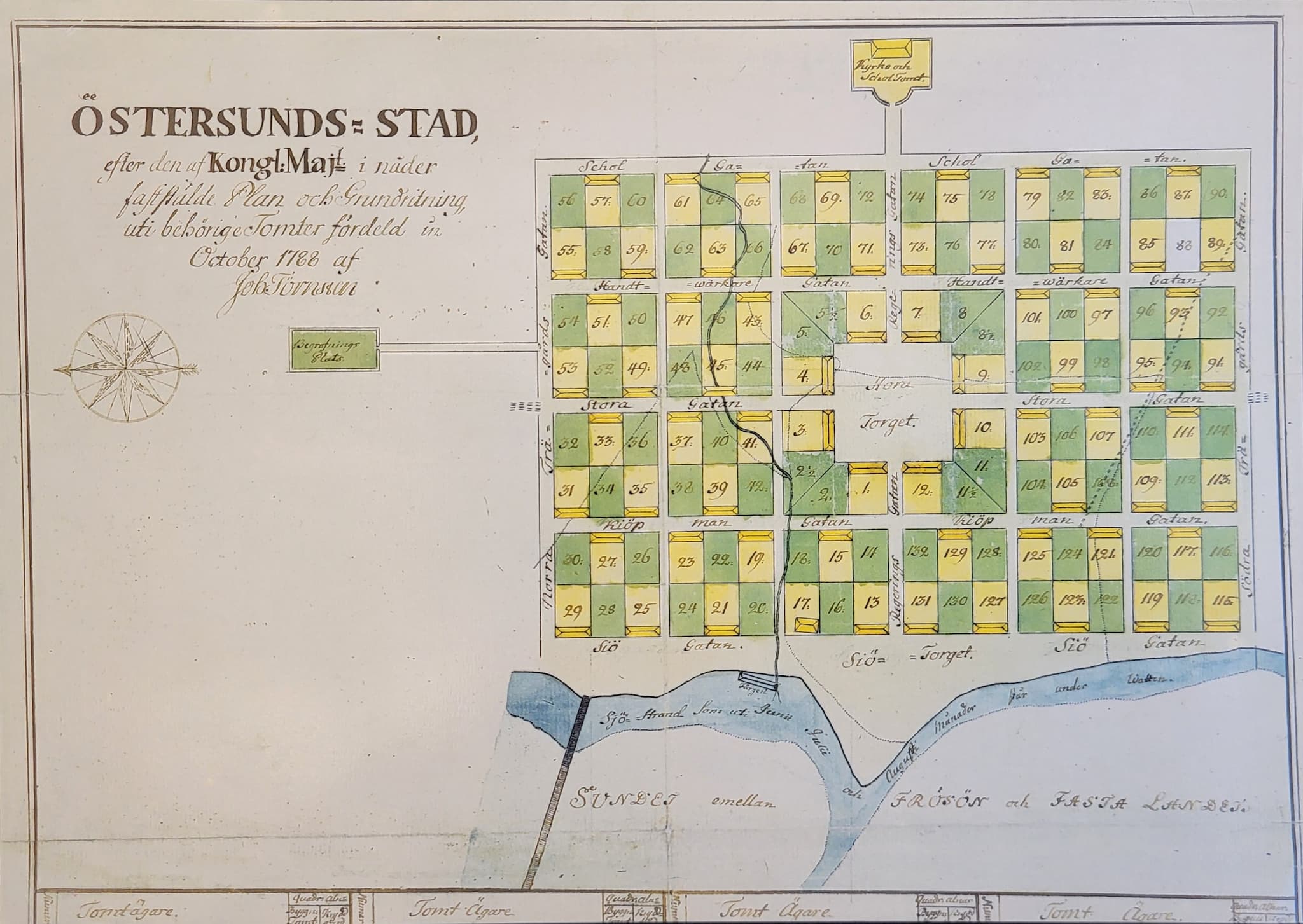 Stadsplan över Östersund. Planen består av gula och gröna fält. I mitten finns ett tomt fält märkt "Stora torget".
