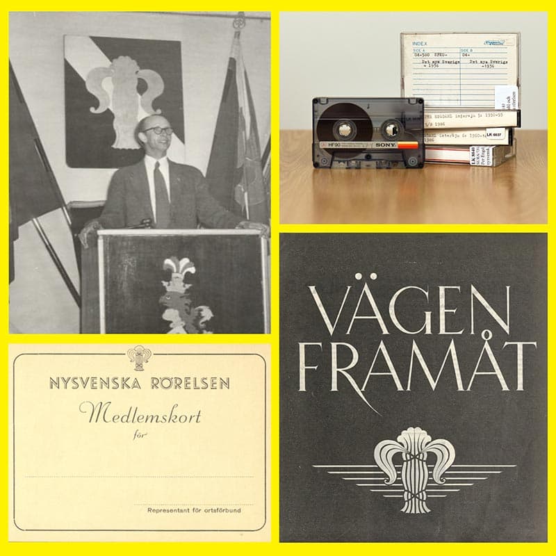 Kollage med bilder från Nysvenska Rörelsen: en man talar vid en talarstol, kassettband med märkning, ett medlemskort och en trycksak med titeln ”Vägen framåt”.
