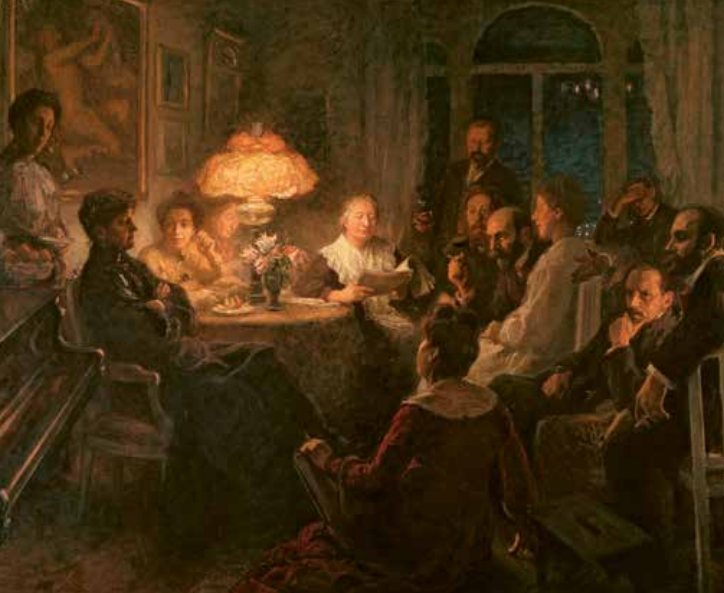 Målning av en grupp människor som sitter samlade i ett rum. En äldre kvinna läser ur en tidning och de övriga i rummet har sitt fokus riktat mot henne.