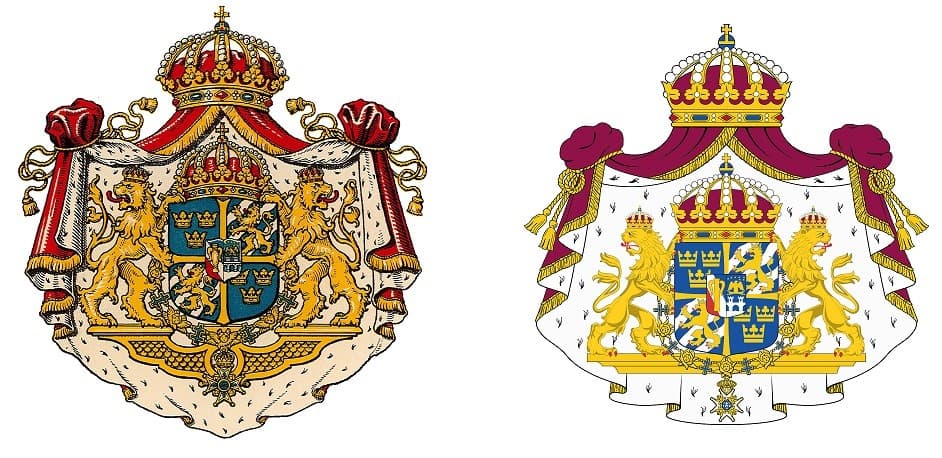 En blå sköld, kvadrerad genom ett kors av guld med utböjda armar, samt en hjärtsköld som innehåller det kungliga husets dynastivapen. Huvudsköldens första och fjärde fält innehåller tre öppna kronor av guld, ordnade två över en. Huvudsköldens andra och tredje fält innehåller tre ginbalksvis gående strömmar av silver, överlagda med ett upprest, med öppen krona krönt lejon av guld med röd tunga samt röda tänder och klor.