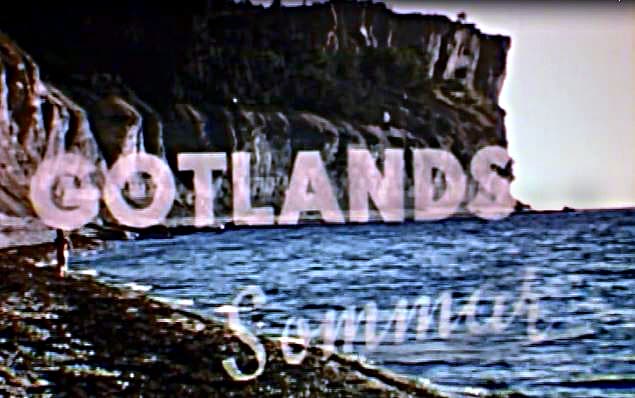 Hav med klippor i bakgrunden. Tvärs över bilden står det Gotlands sommar.