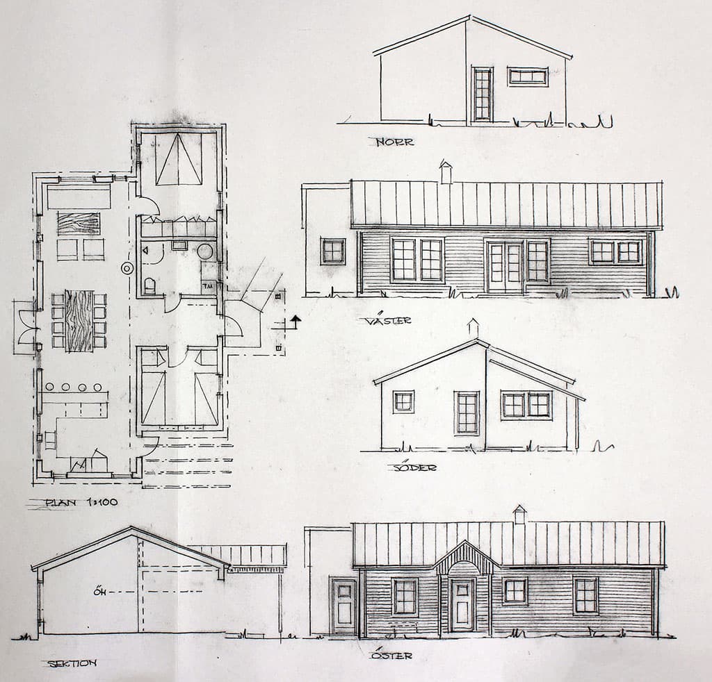 En detaljerad ritning som visar olika planer och upphöjningar av ett hus.