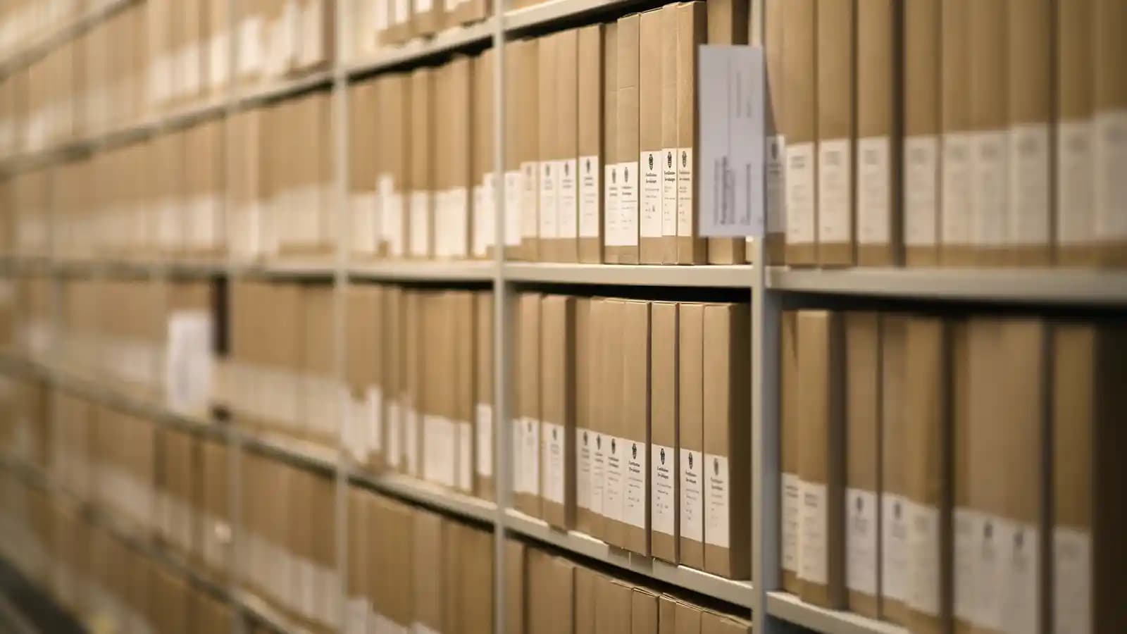 Fotografi av ett arkivrum med hyllor fyllda av likadana bruna kartonger med vita etiketter. Kartongerna är prydligt ordnade i rader och kolumner, vilket ger ett strukturerat och systematiskt intryck. Miljön är neutral och funktionell, med fokus på ordning och dokumentförvaring.