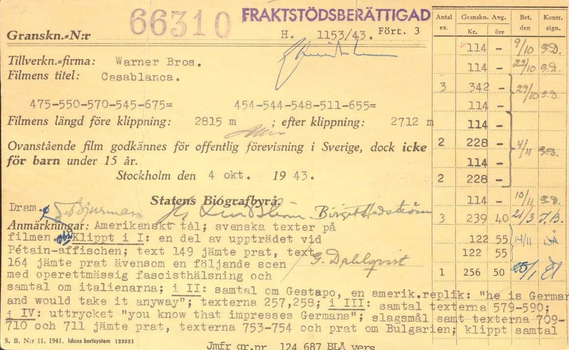 Gulnad granskningsblankett för filmen Casablanca med handskrivna anteckningar, klippanvisningar och datum från 1943.