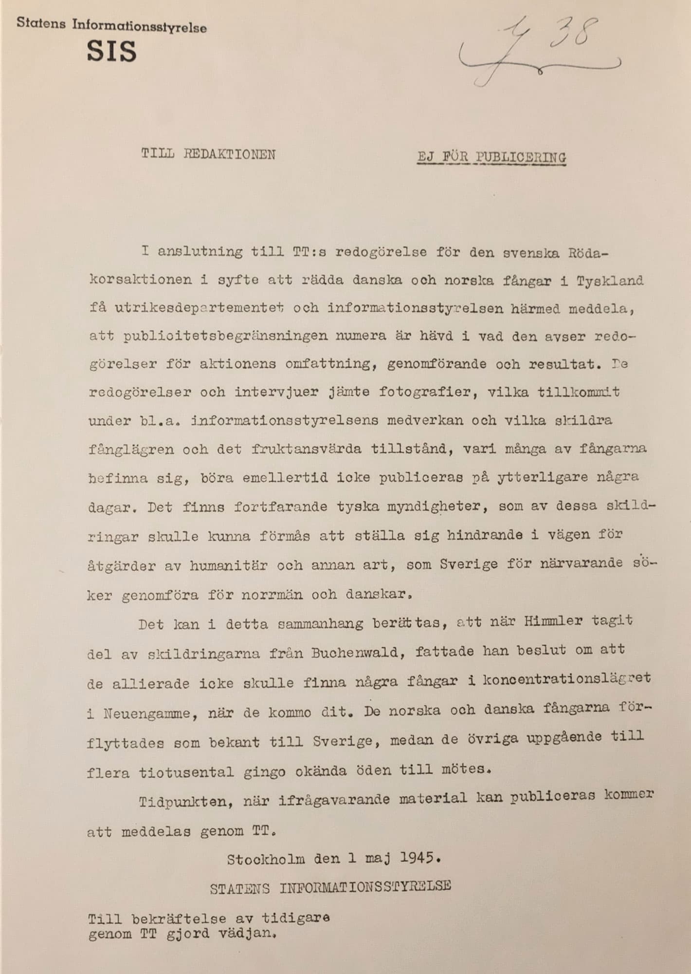 Typograferat dokument från 1945, märkt "Ej för publicering", om Röda Korsets räddningsinsats i Tyskland.