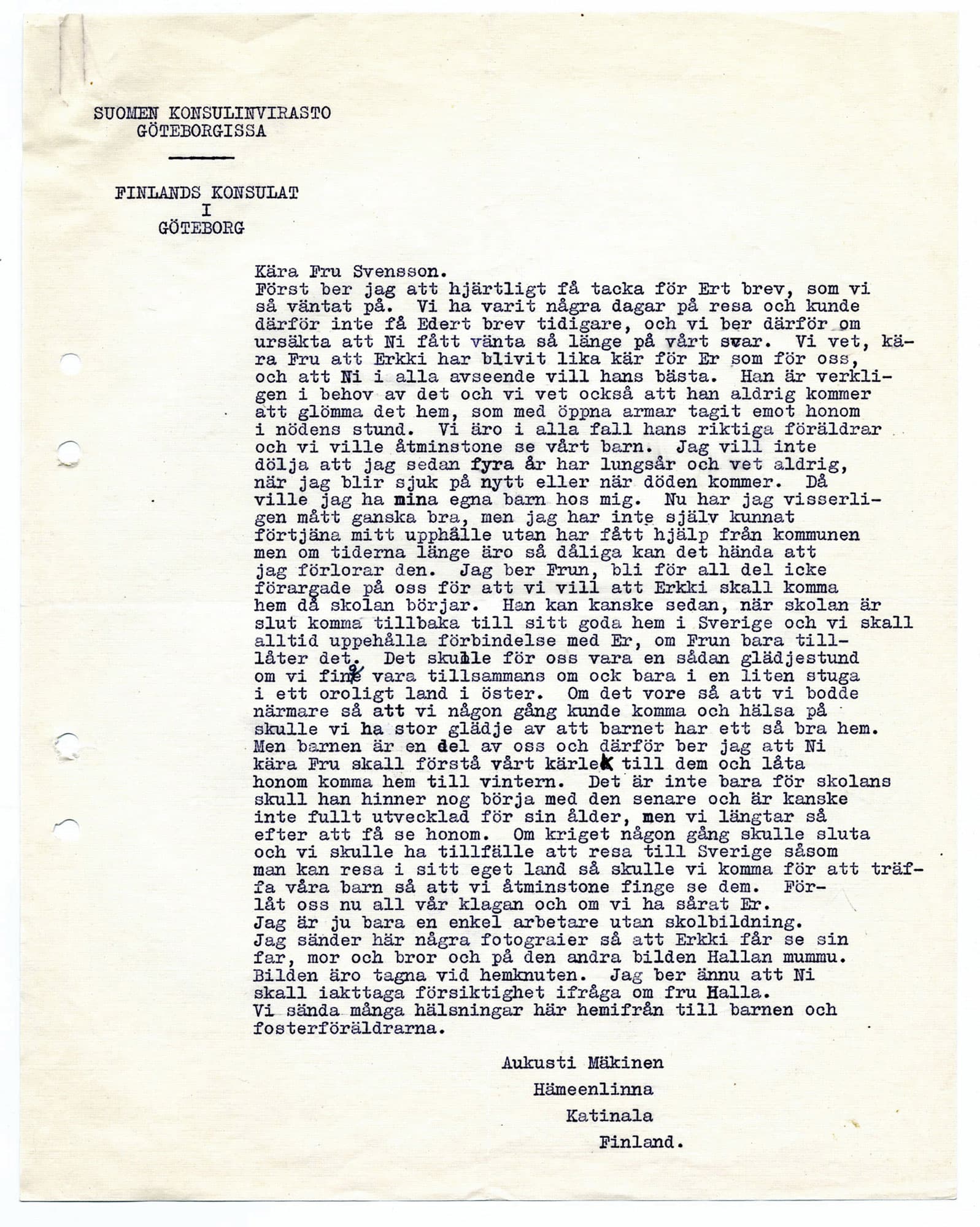 Maskinskrivet brev om ett finskt krigsbarn och dess framtid.
