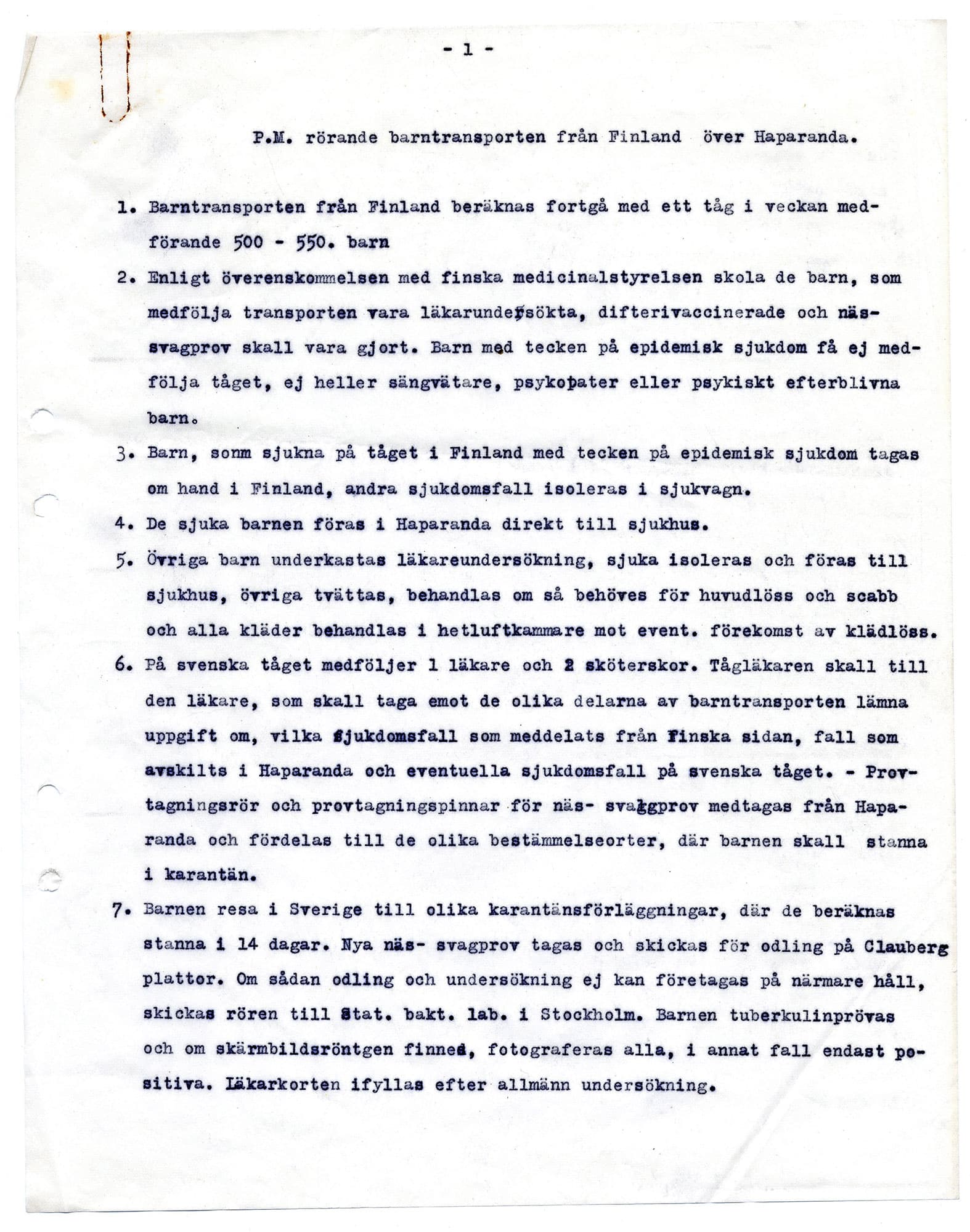 Typat dokument om barntransport från Finland 1940-talet, med medicinska och logistiska instruktioner.