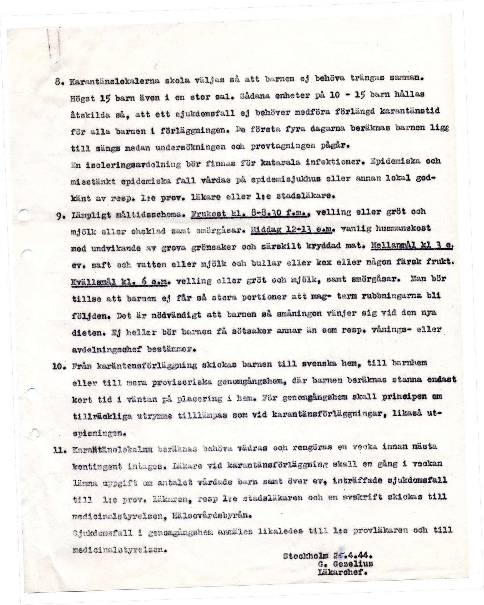 Typat dokument från 1944 med medicinska riktlinjer för barn i karantän och undersökning.