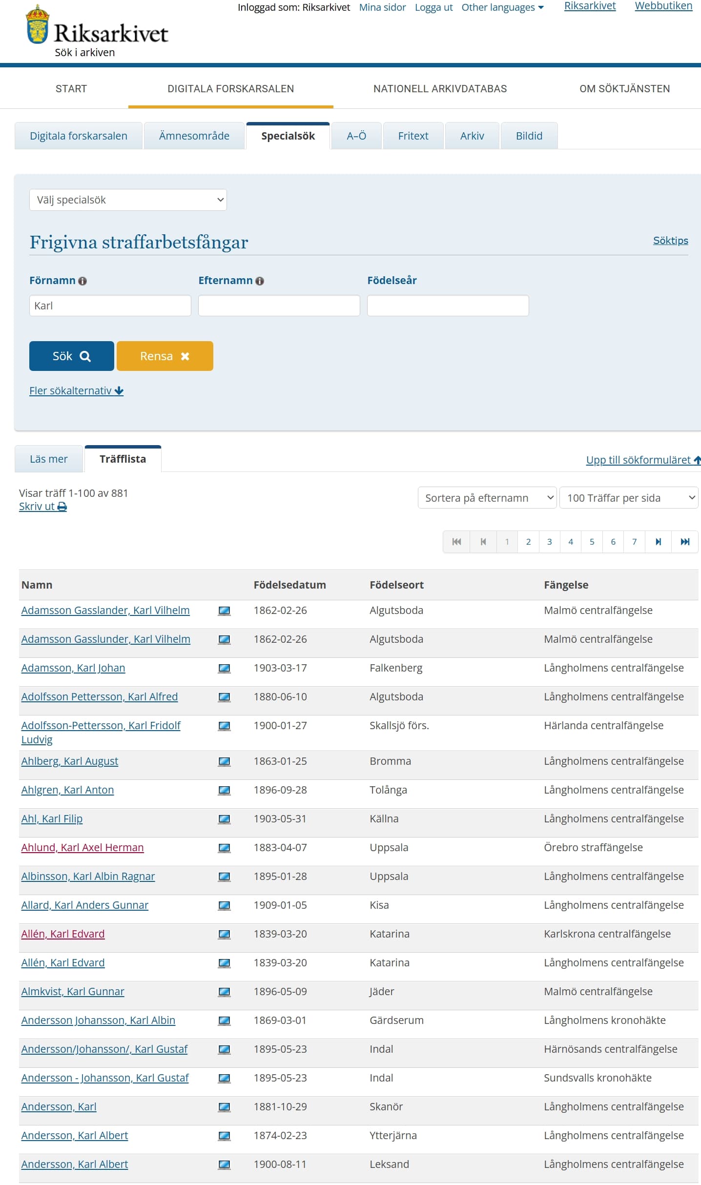 Skärmbild av registret "Frigivna straffarbetsfångar" i Digitala forskarsalen på Riksarkivets webbplats