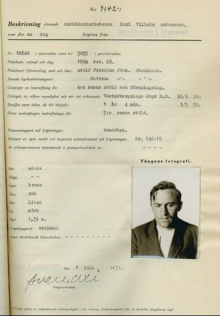 Fängelseregister från 1931 med foto och detaljer om Knut Vilhelm Anderssons brott och frigivning.
