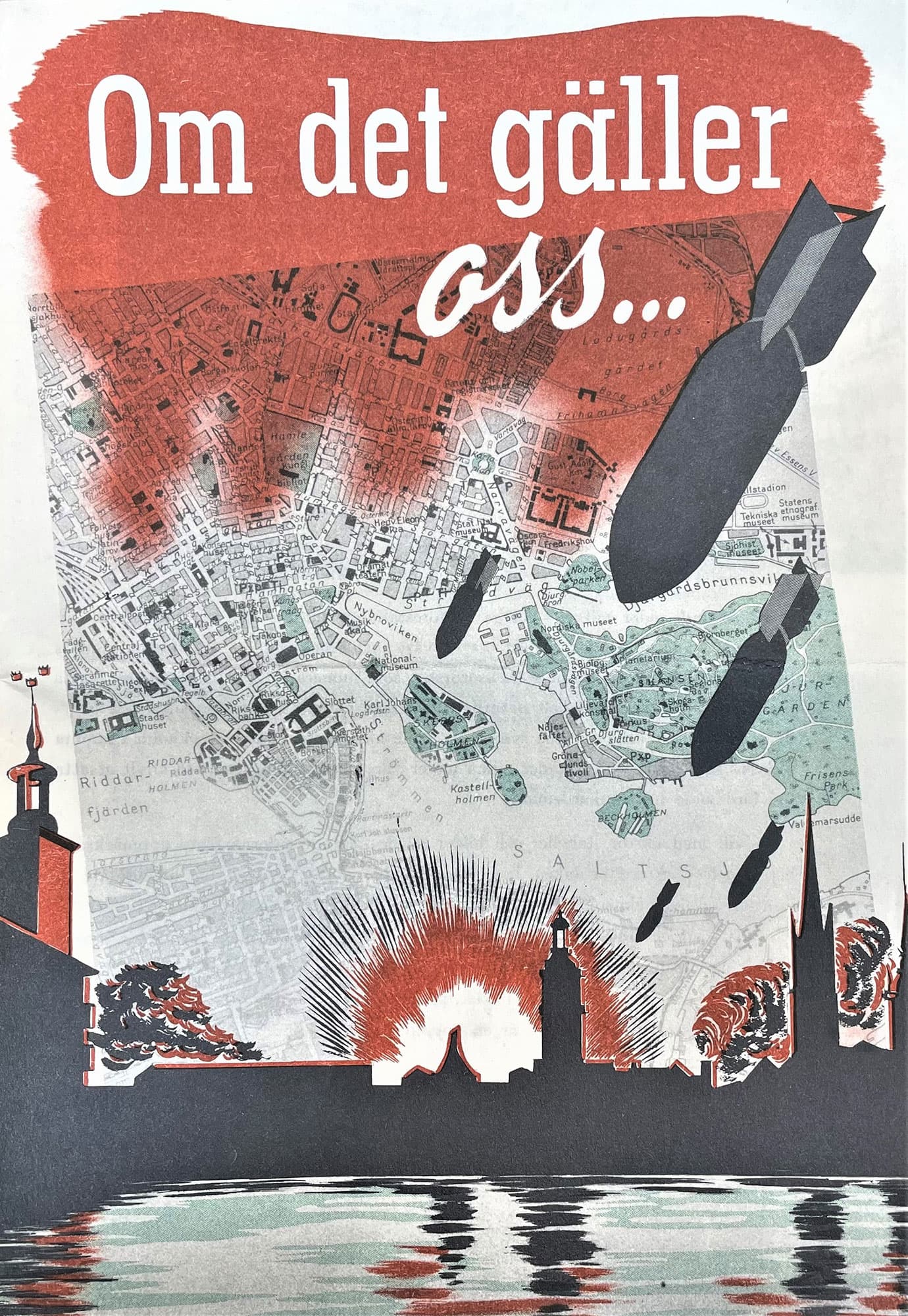 Illustrerat bombregn över Stockholms silhuett i rött och svart.