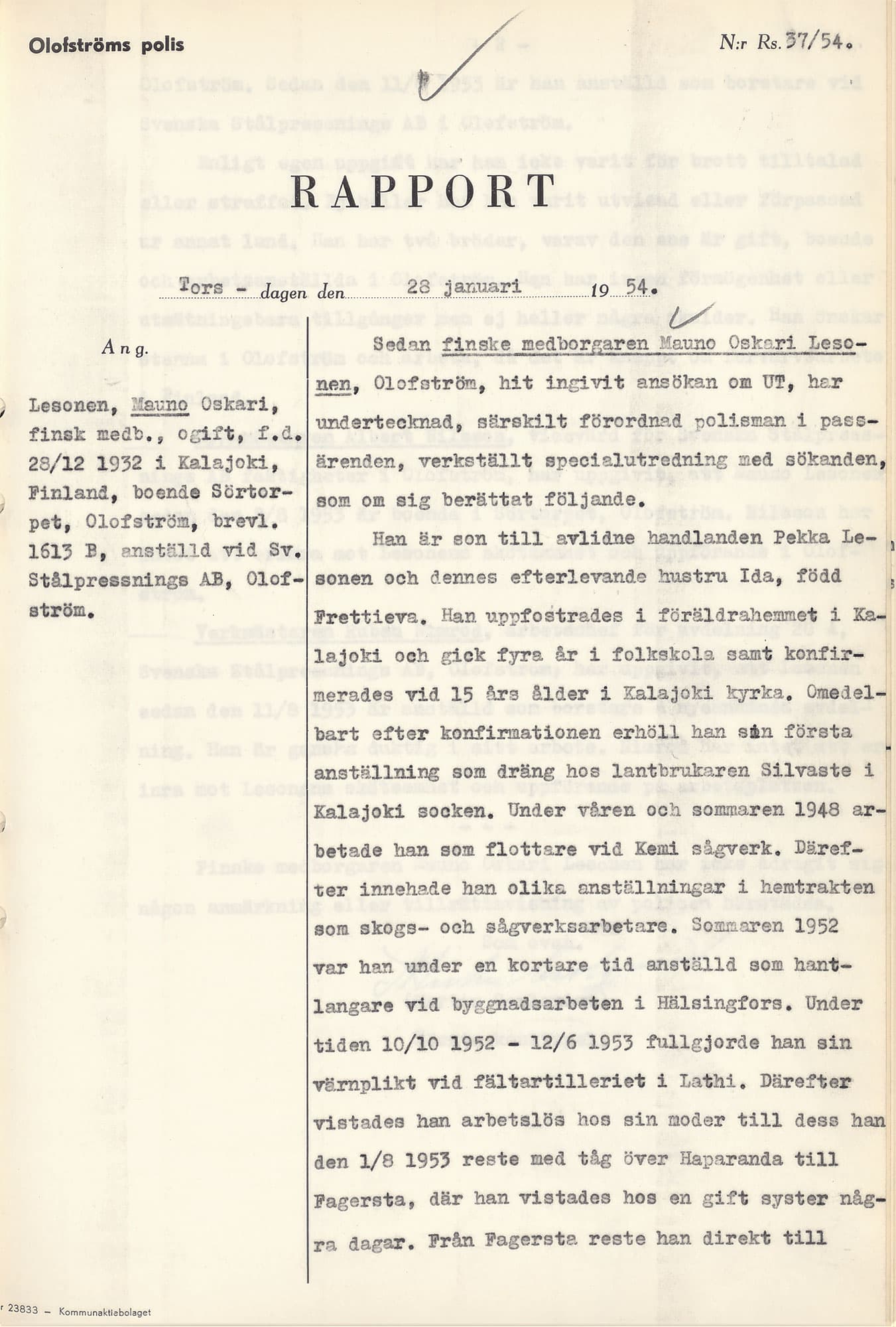 Typad polisrapport från 1954 om Mauno Lesonen, med detaljer om brott och arbete.
