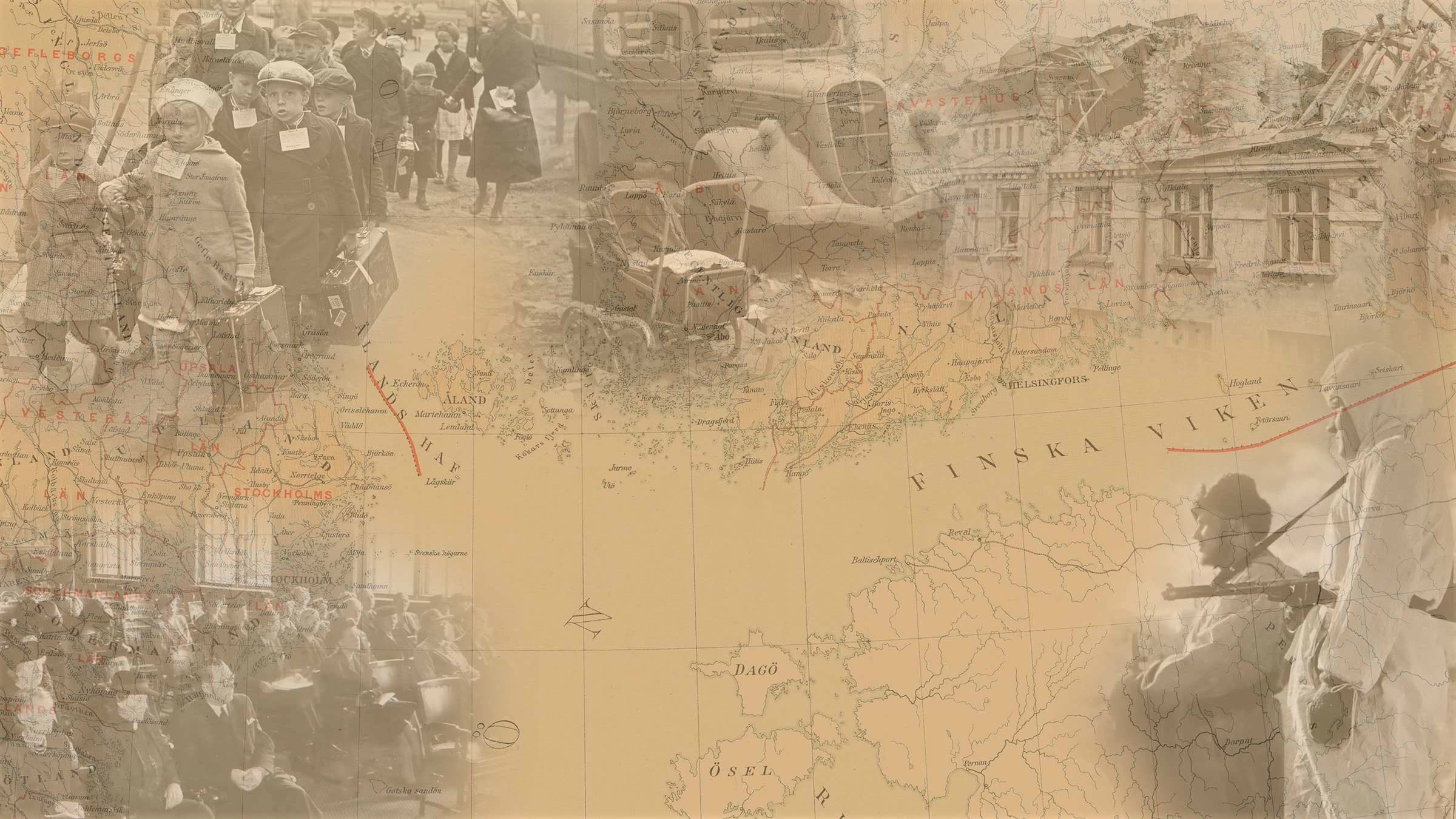 Historisk kollage om finska krigsbarn, med barn på flykt, krigsscener och karta över Sverige och Finland.
