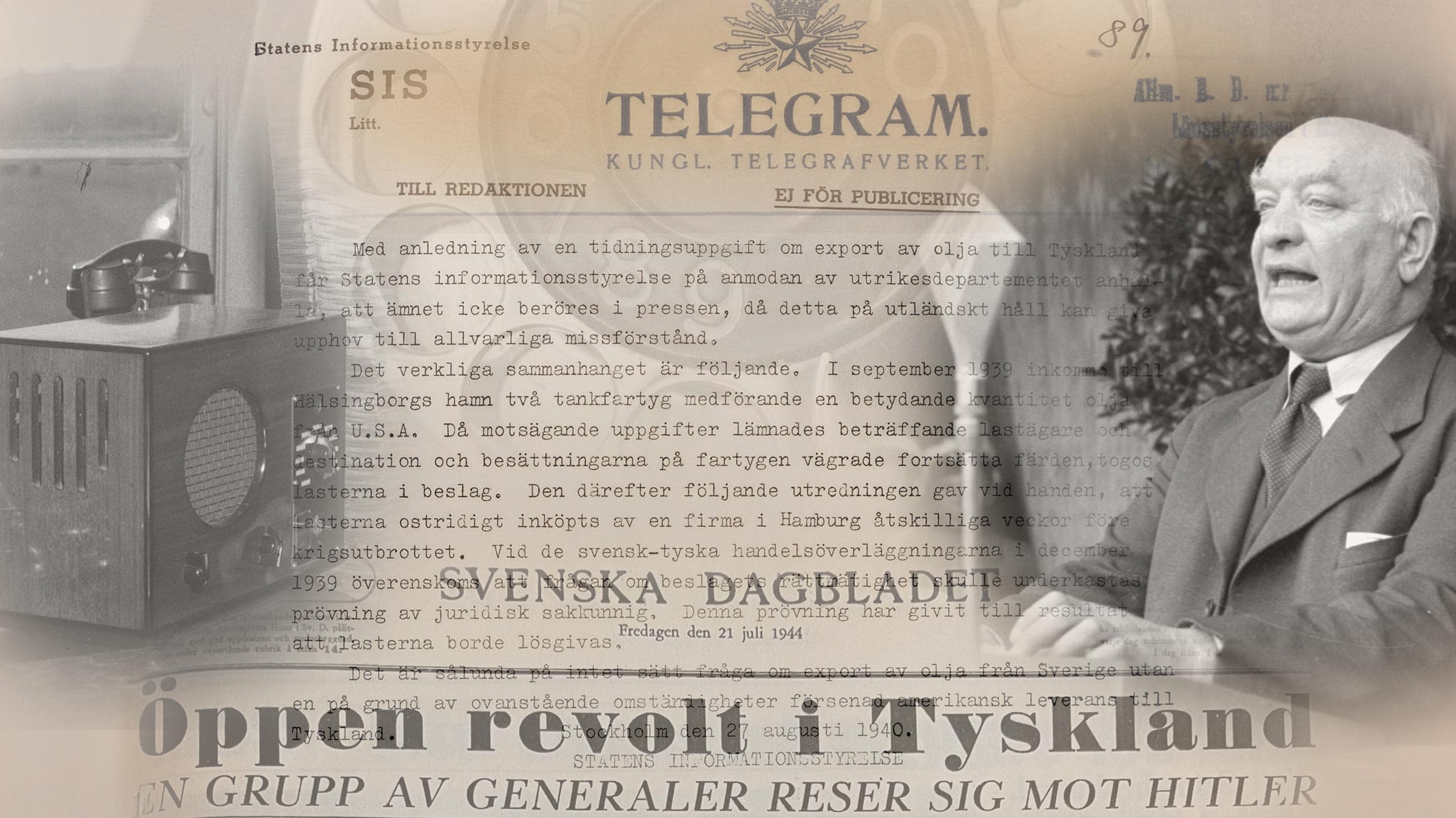 Historisk kollage med telegram, radio och tidningsrubrik om revolt mot Hitler – skildrar censur och motstånd under andra världskriget.