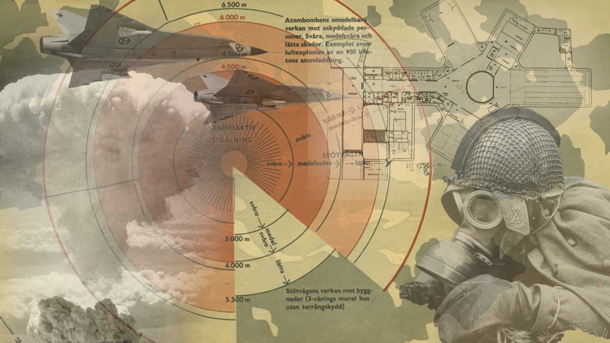 Historisk kollage med stridsflyg, gasmask och atomexplosion – visar effekter av radioaktiv strålning och militär beredskap.