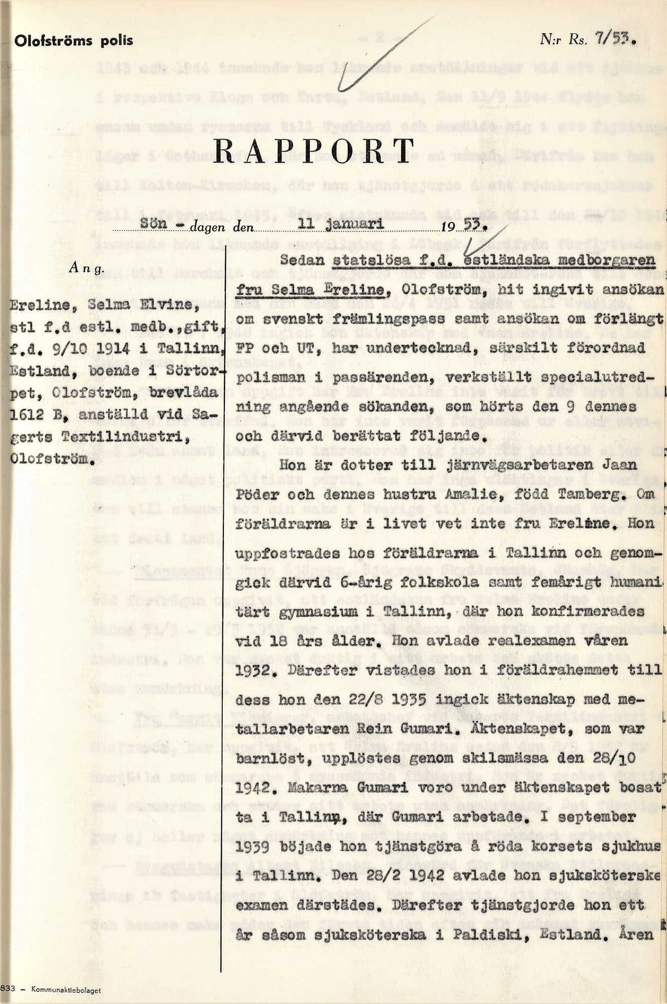 Typad polisrapport från 1955 om Selma Ereline, med biografiska och historiska uppgifter.