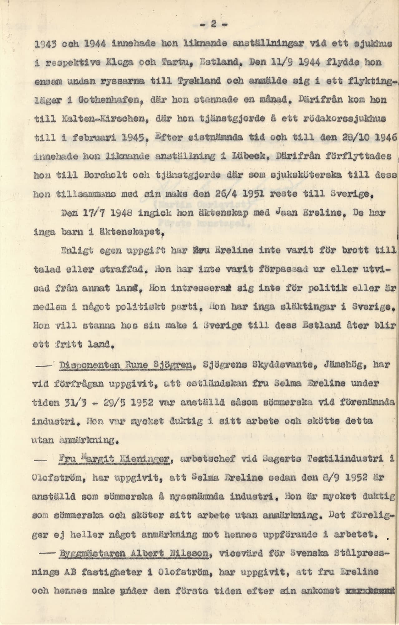 Typad sida på svenska, märkt "2", med historiska uppgifter om personer och tjänstgöring.