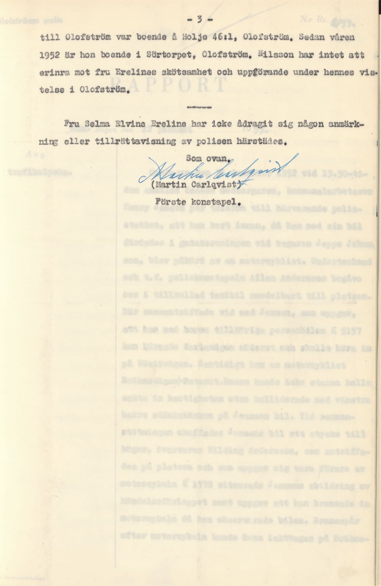 Typat dokument på svenska med handskriven signatur; polisrapport om Selma Elvine Ereline