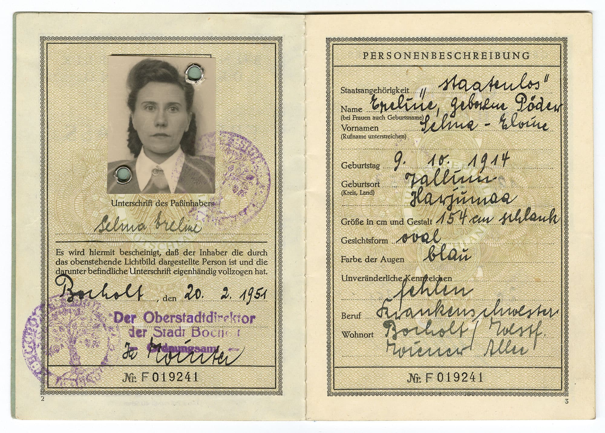 Tysk ID-handling från 1951 med foto och personuppgifter.