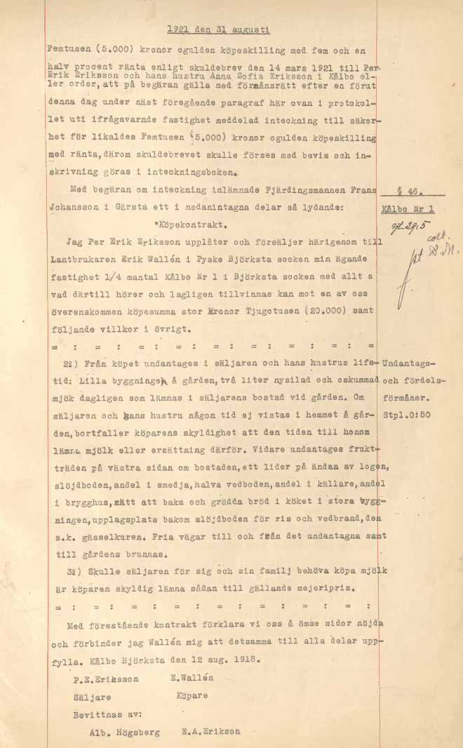 Äldre maskinskrivet dokument med köpekontrakt för fastighet.