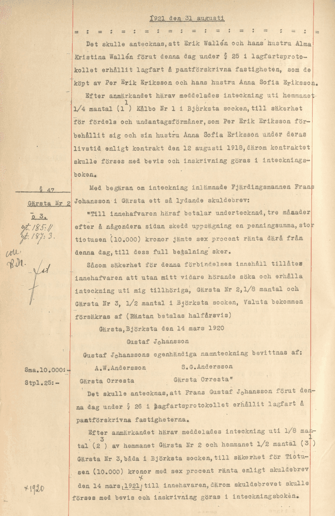 Äldre maskinskrivet dokument med köpekontrakt för fastighet.