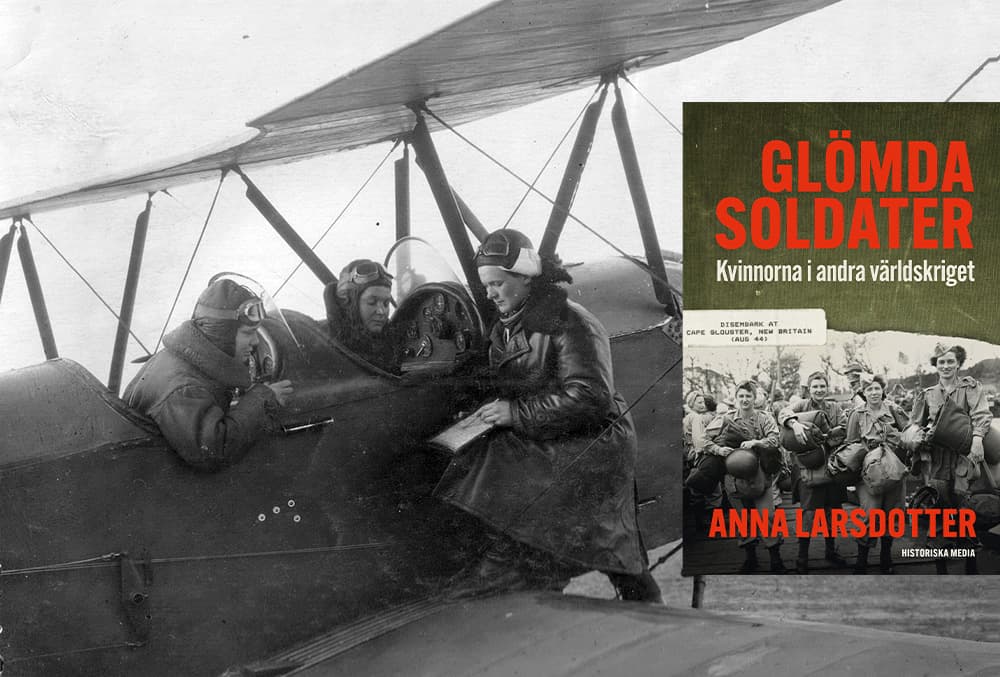 Historiskt foto av kvinnor i flygutrustning vid ett biplan, kombinerat med ett bokomslag om kvinnors insatser under andra världskriget.