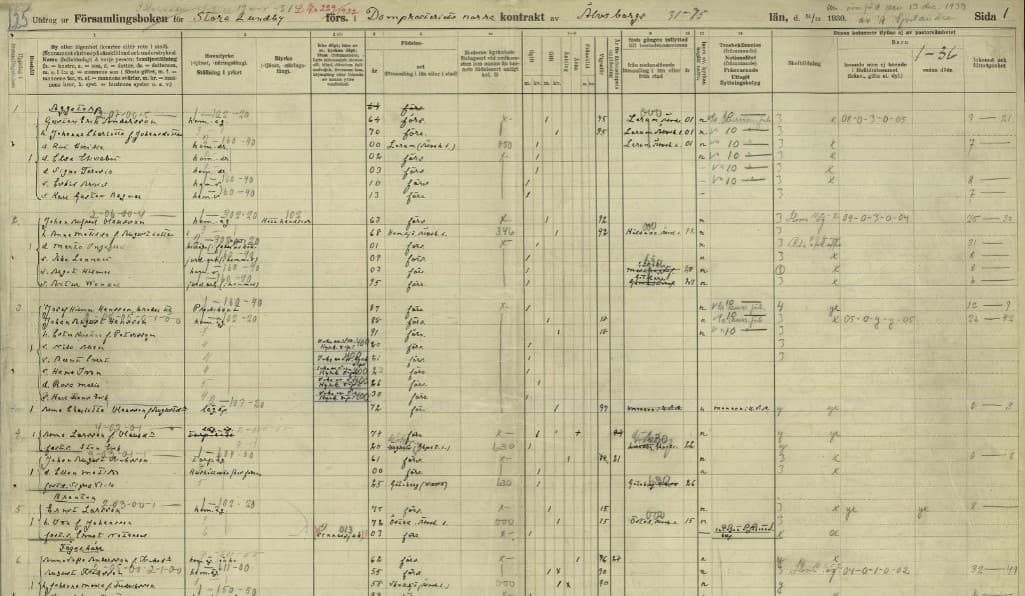 Uppslag ur gammal församlingsbok med handskrivna uppgifter i kolumner.