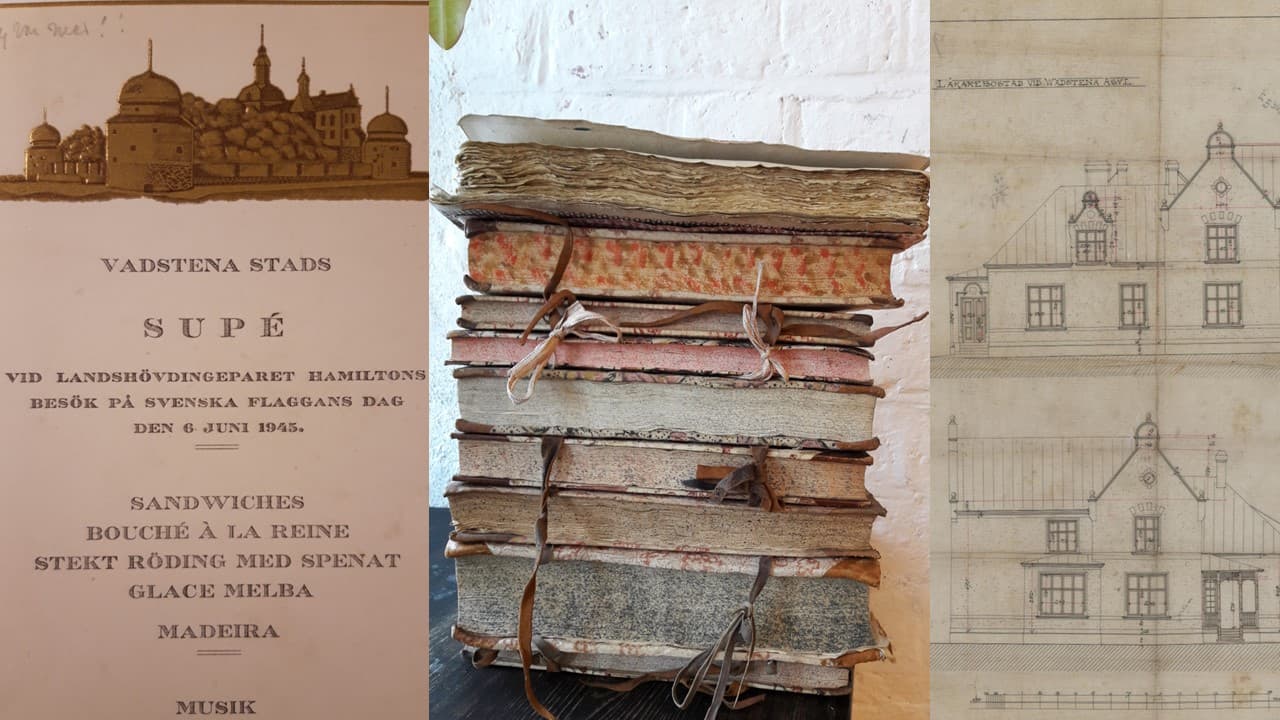 Collage. Meny, boktrave och ritning.