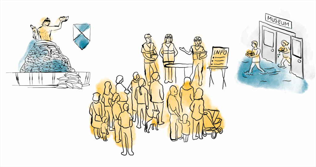 illustration med människor som står i grupp, några bär böcker ur ett översvämmat hus