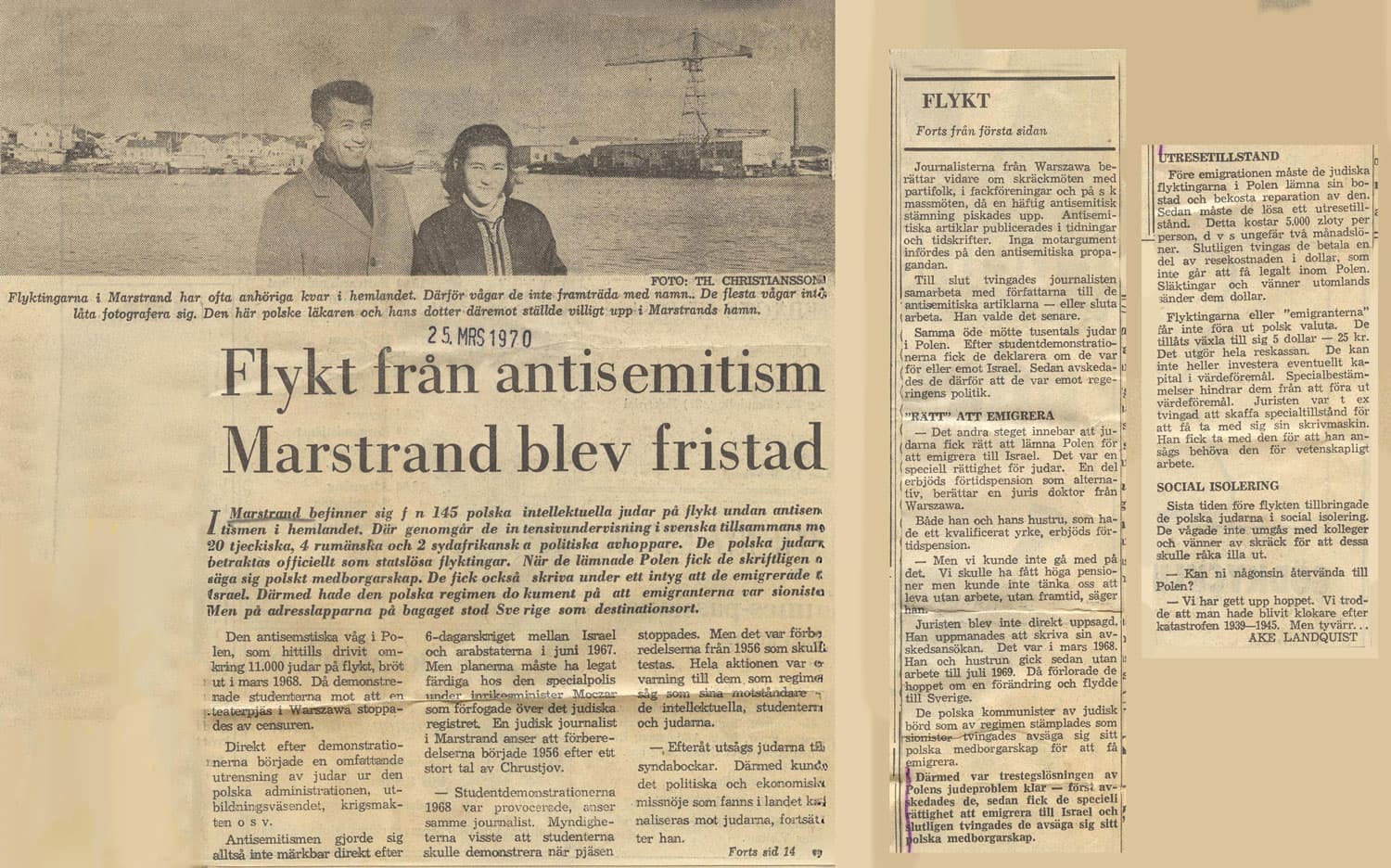 Tidningsartikel från 1970 om judiska flyktingars situation i Polen och om hur de kom till Marstrand i Sverige. Ovanför artikeln finns en bild på en man och en kvinna framför en hamn.