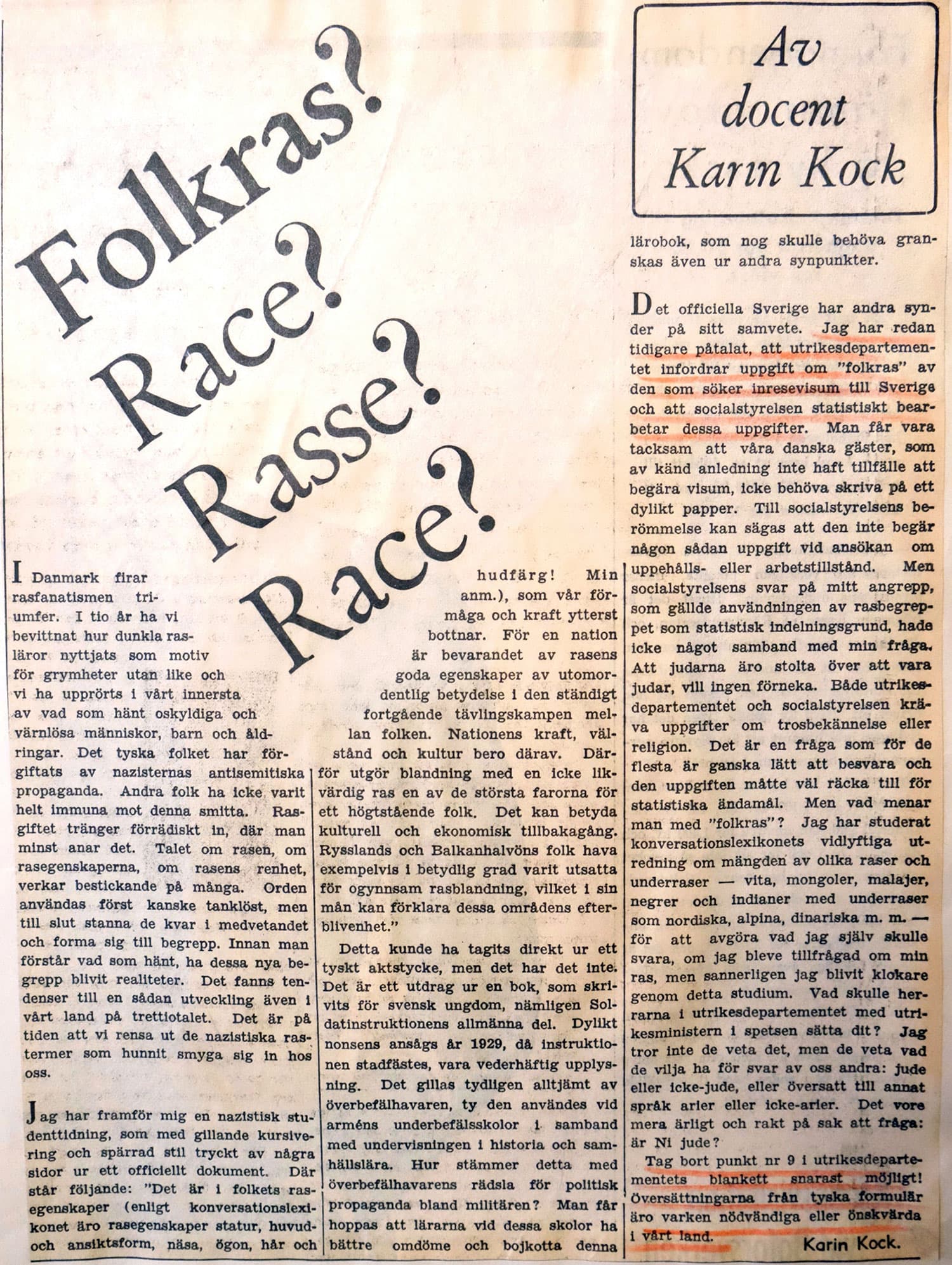Debattartikel från 1943 av Karin Kock, med kritik mot användning av begreppet ras som statistisk indelningsgrund.