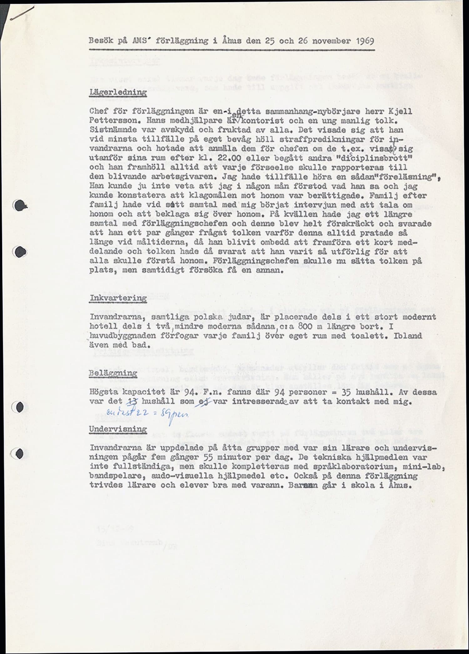 Maskinskriven rapport från 1969 om besök på en förläggning i Åhus dit flyktingar från Polen kom.
