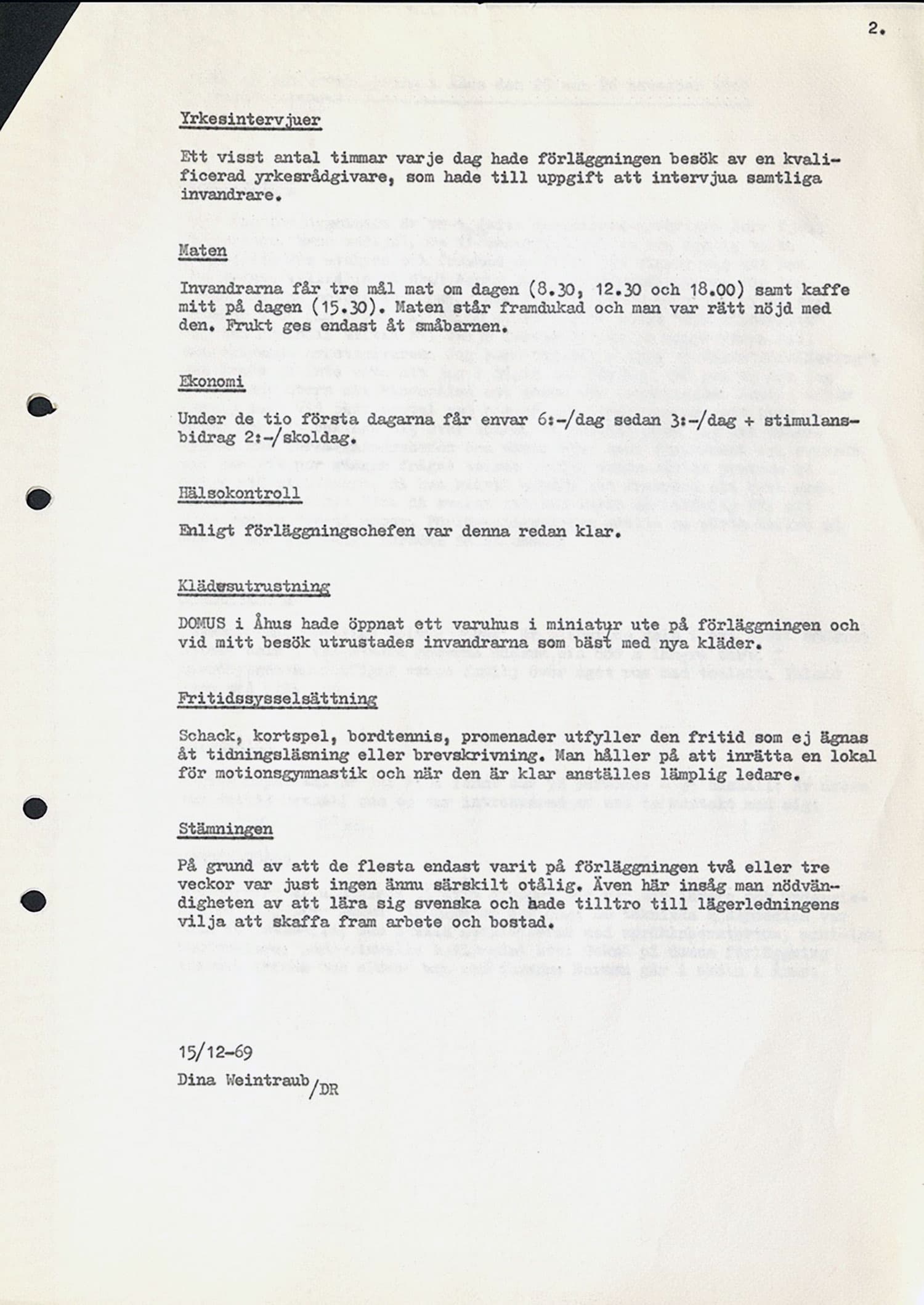 Maskinskriven rapport från 1969 om besök på en förläggning i Åhus dit flyktingar från Polen kom.