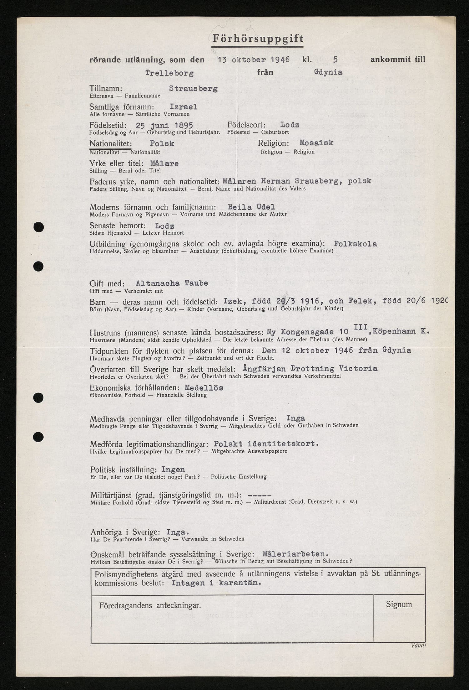 Dokument från 1946 med förhörsuppgifter från en flykting.