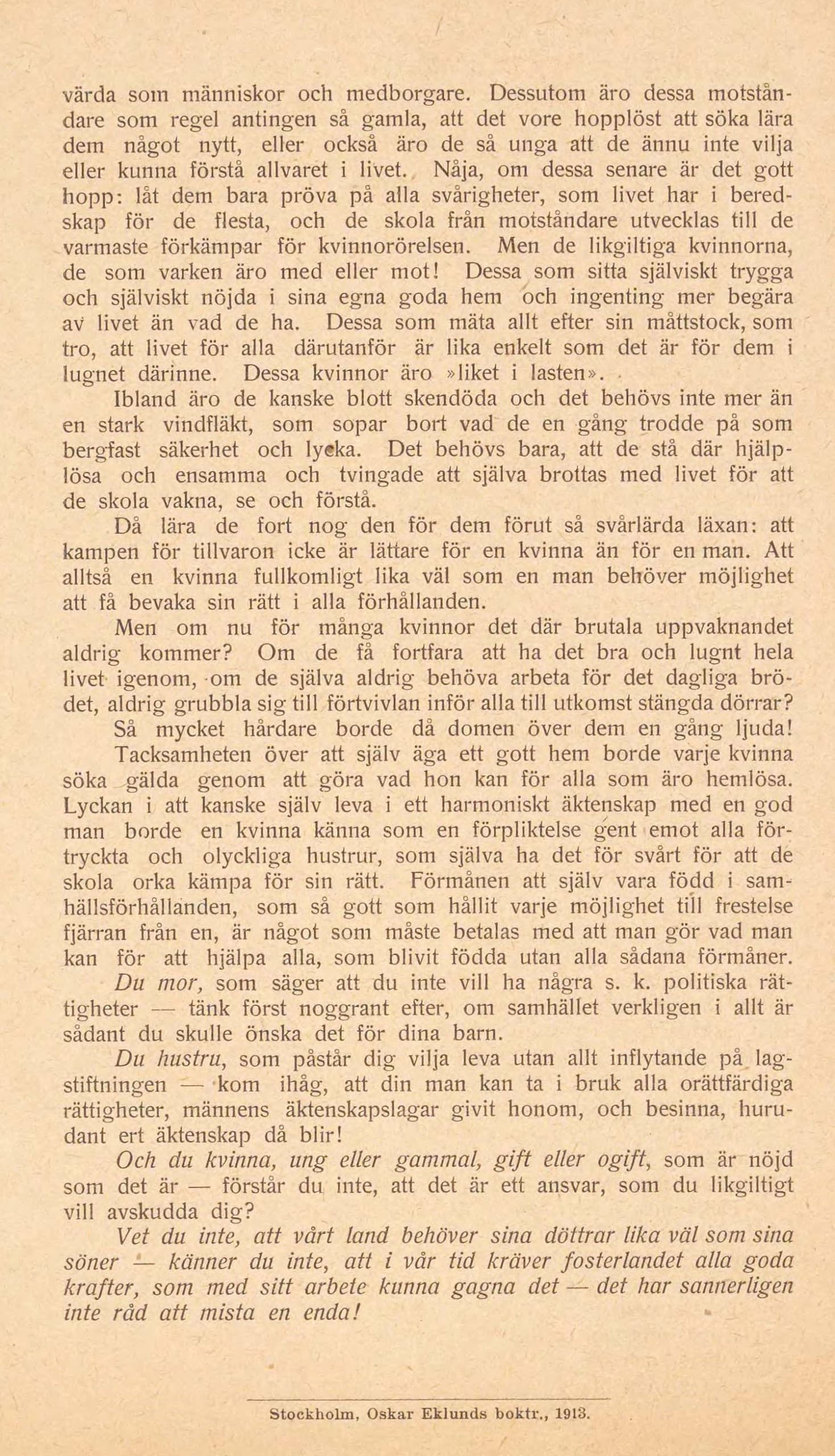 Äldre typat dokument från 1913 med uppmaningar till kvinnor att engagera sig i rösträttsfrågan.